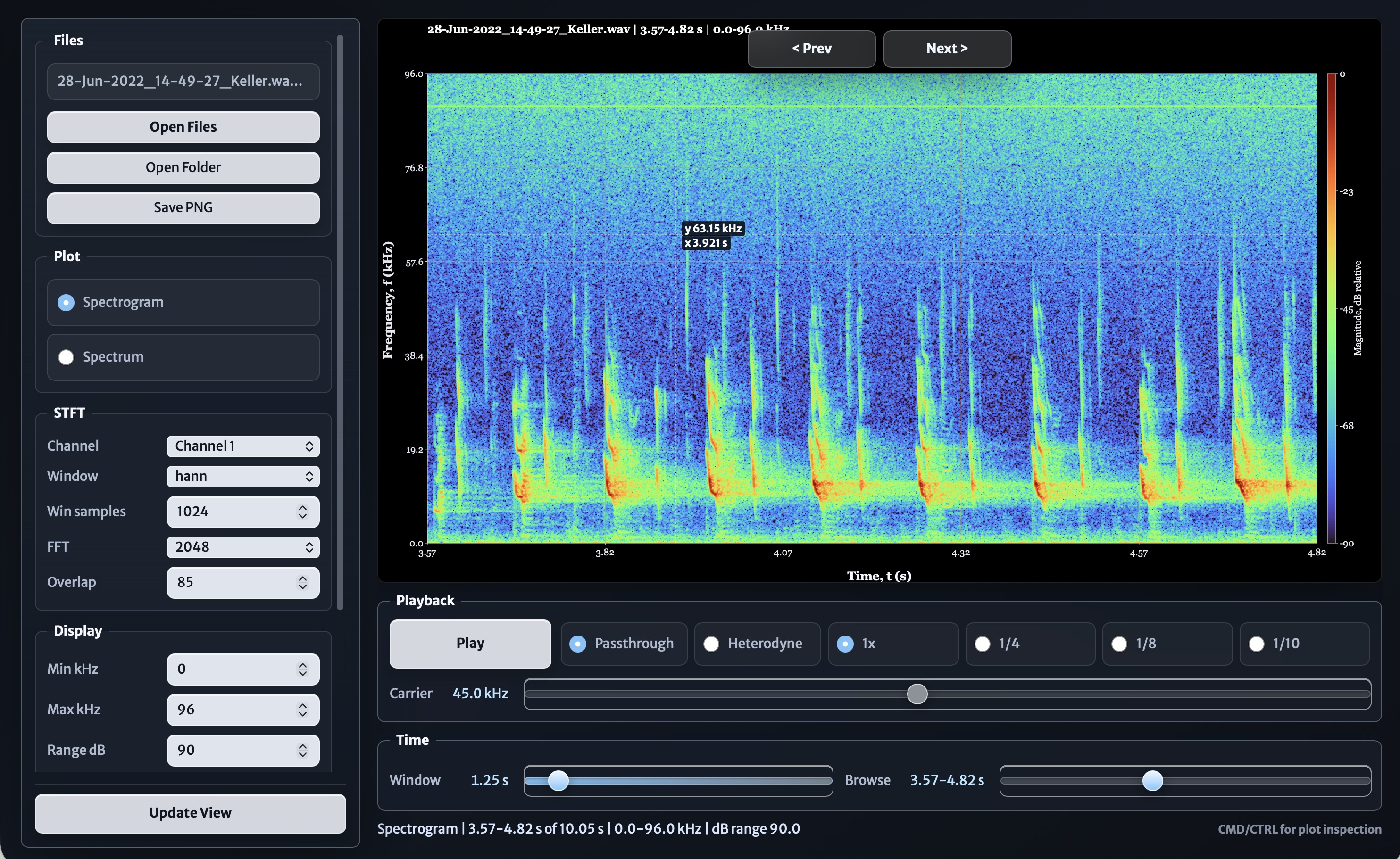 Spectra web app showing a spectrogram view with analysis controls