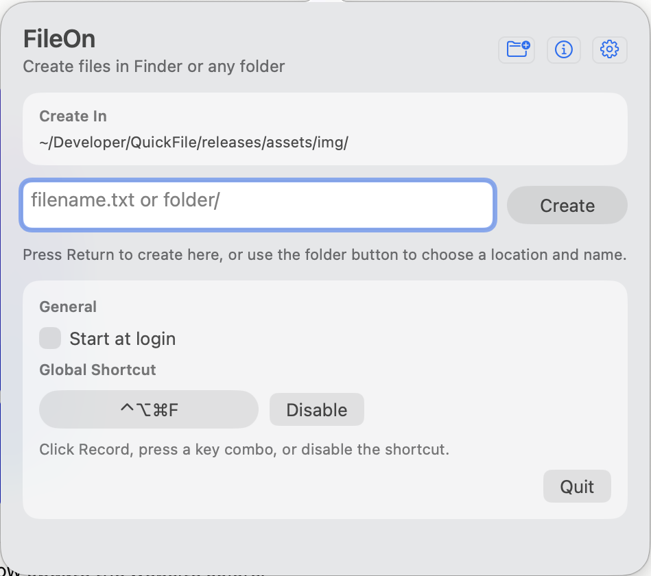FileOn settings showing launch at login and a configurable global keyboard shortcut