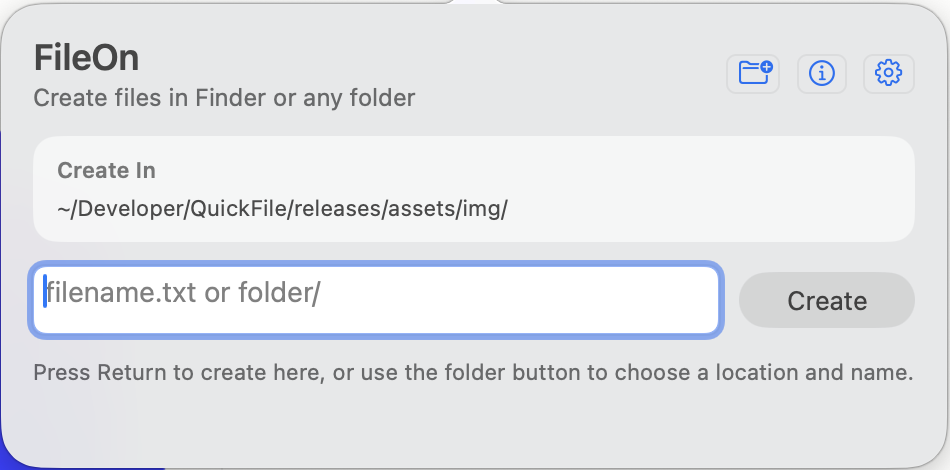 FileOn main view showing the current folder and filename entry field