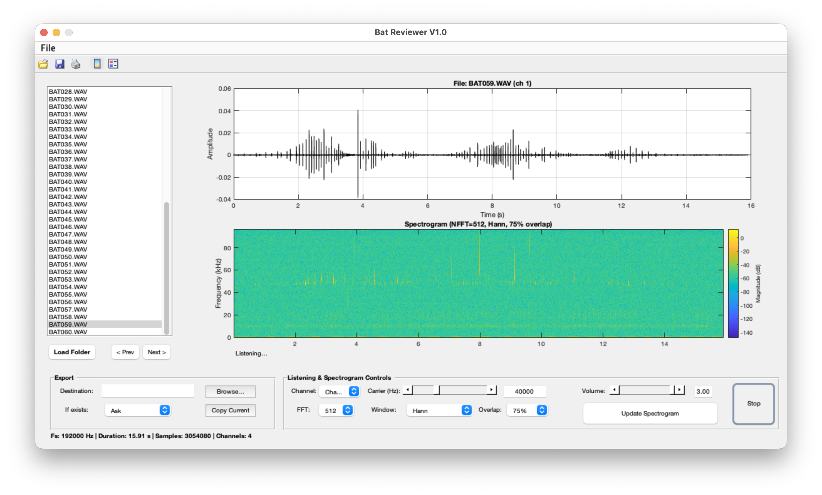 Bat Reviewer v1.0 software interface for reviewing ultrasonic recordings